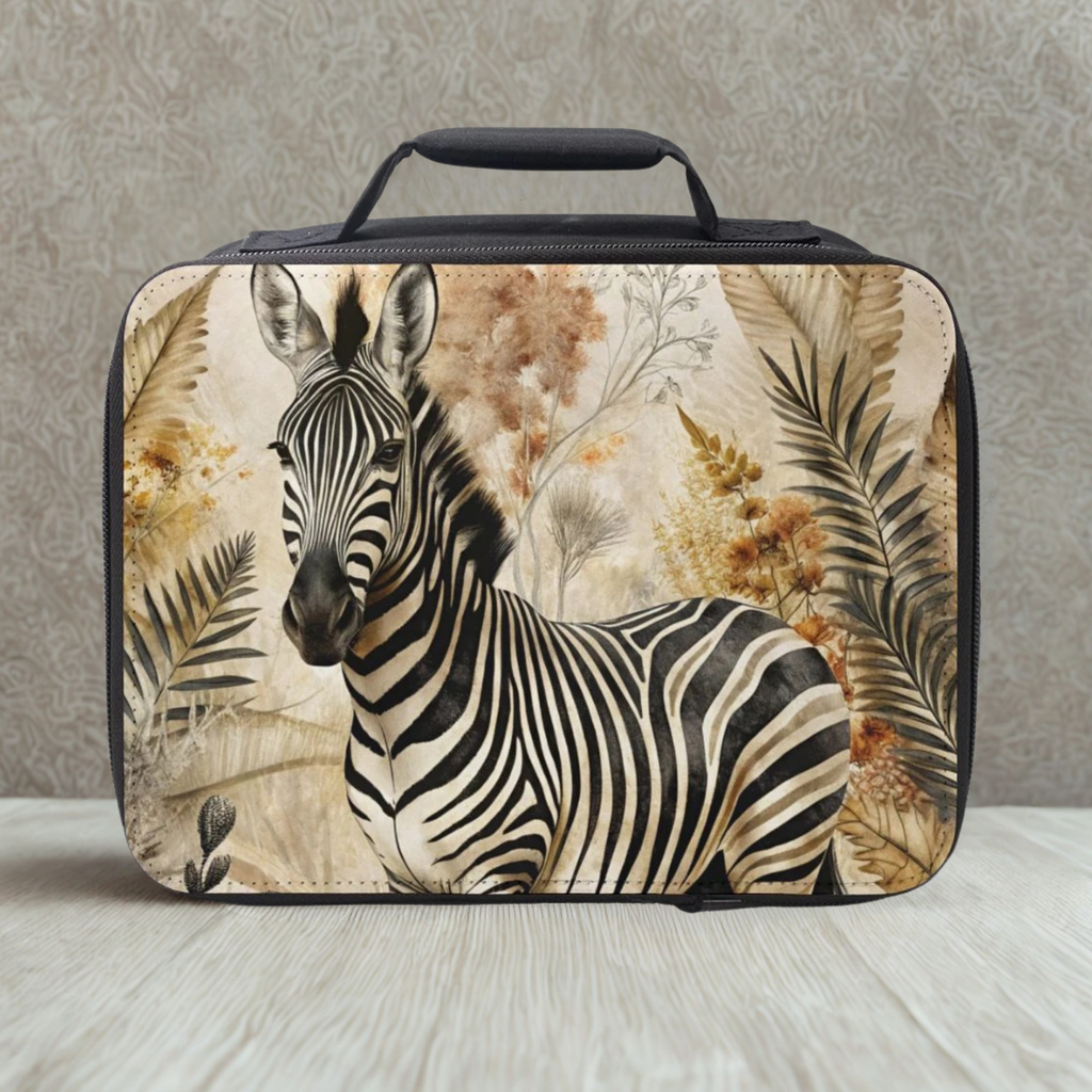Lunch bag with zebra design on a neutral background