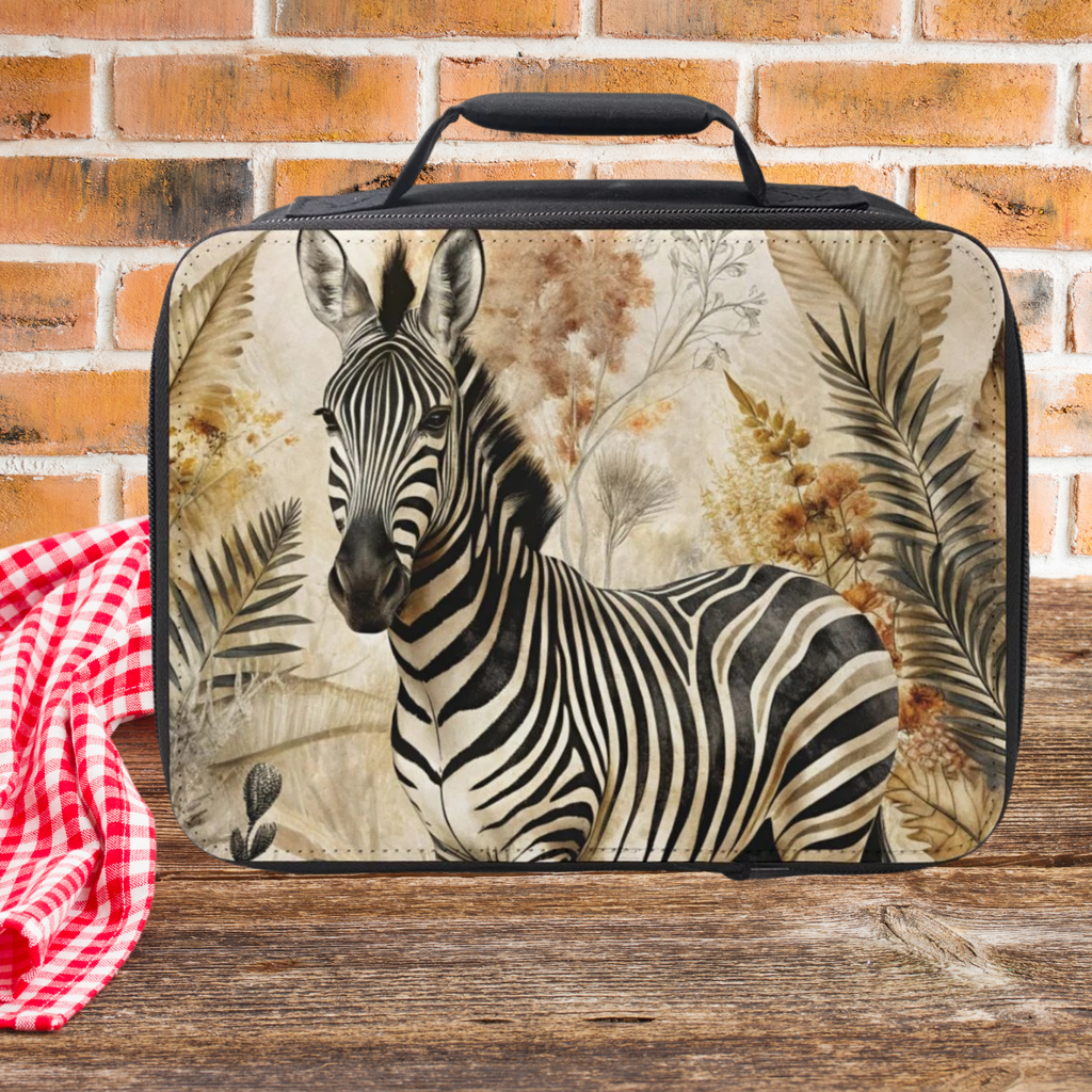 Lunch bag with zebra design on a wooden surface and brick wall background