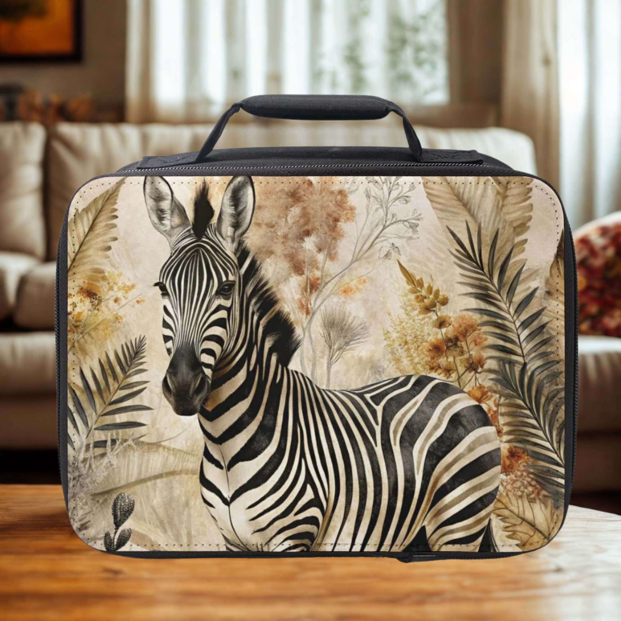 Lunch bag with zebra design on a wooden coffee table in a cozy living room