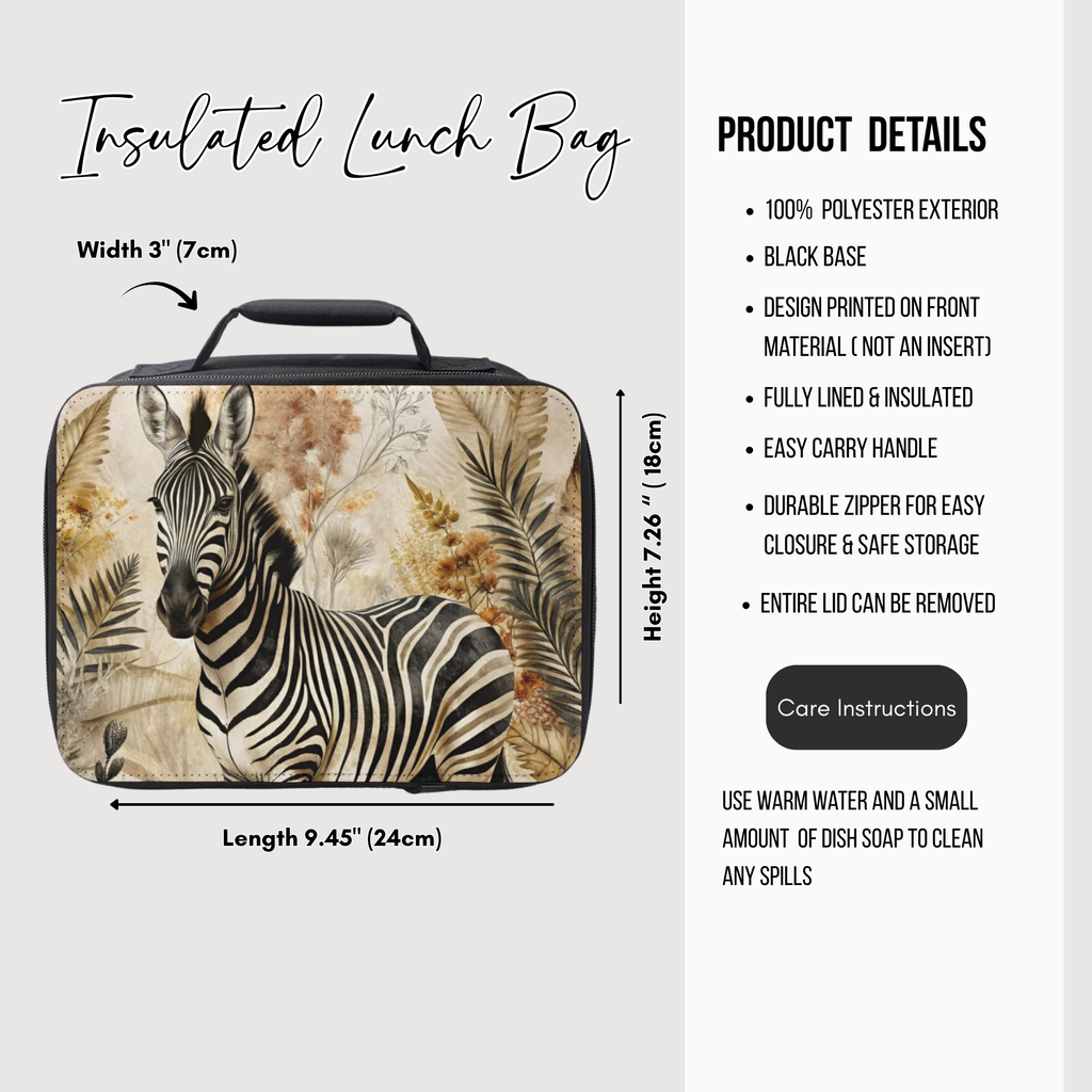 Insulated lunch bag with zebra design and product details on a white background
