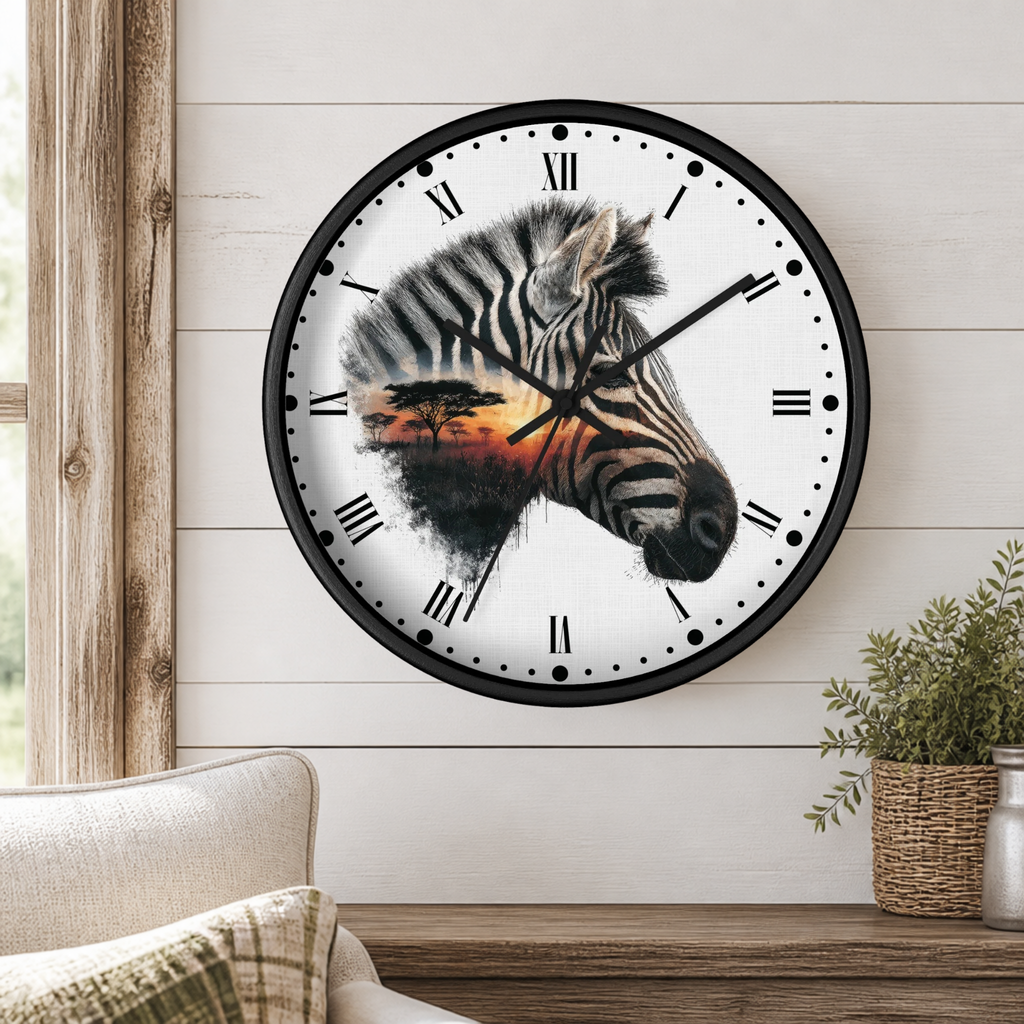 A round wall clock with a black frame and a white face featuring a zebra head over an African savanna sunset scene. The clock is mounted on a white wood-paneled wall above a wooden shelf with a potted plant and part of a sofa visible.