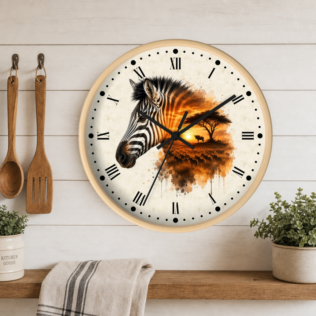 A round wall clock with a light wood frame hangs on a white wood plank wall above a shelf. The clock face features a zebra head in profile over an orange and brown watercolor landscape with a tree, while the remaining face is off-white with black Roman numerals and black hands.