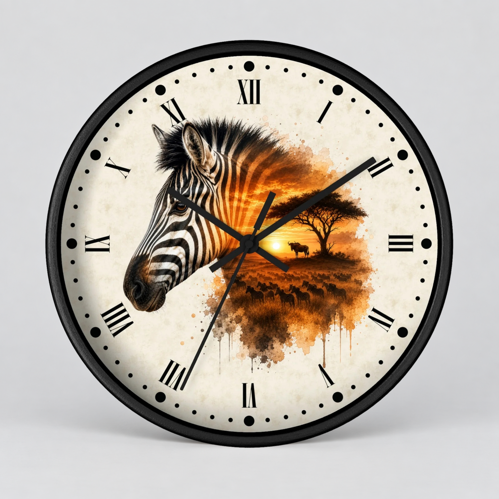 A round wall clock with a black frame and a cream-colored face featuring a zebra illustration and an orange sunset landscape with a tree. The clock has black Roman numerals and black hands, photographed against a light gray background.