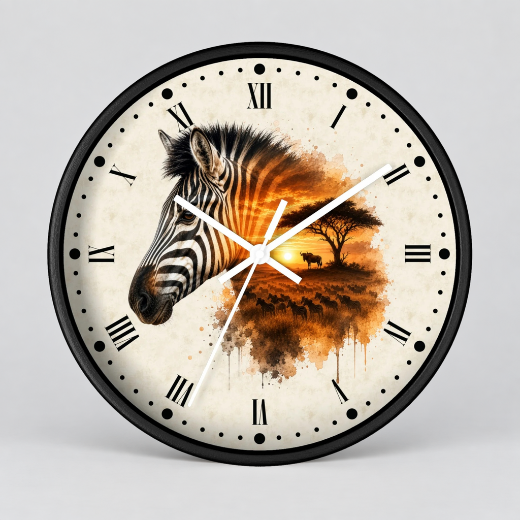 Round wall clock with a black frame, Roman numerals, and a printed design featuring a zebra head merging into an African savanna sunset scene on an off-white background.
