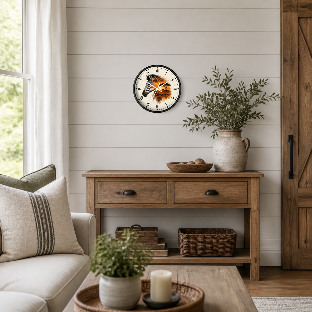 A round wall clock with a rustic black frame and colorful autumn-themed zebra illustration hangs on a white shiplap wall above a wooden console table in a bright, modern farmhouse-style living room.