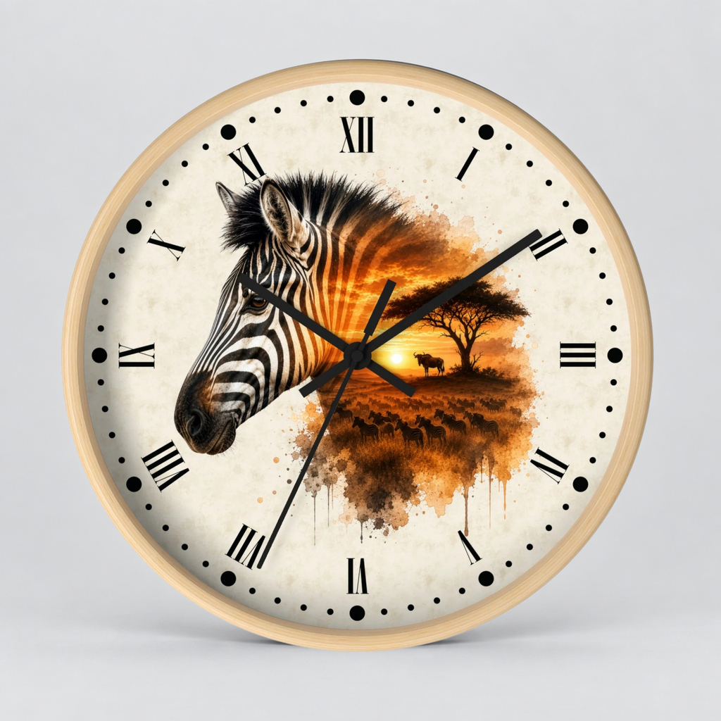 Round wall clock with a light wood frame, black Roman numerals, and a printed design featuring a zebra head over an orange sunset landscape on the clock face, shown against a light gray background.
