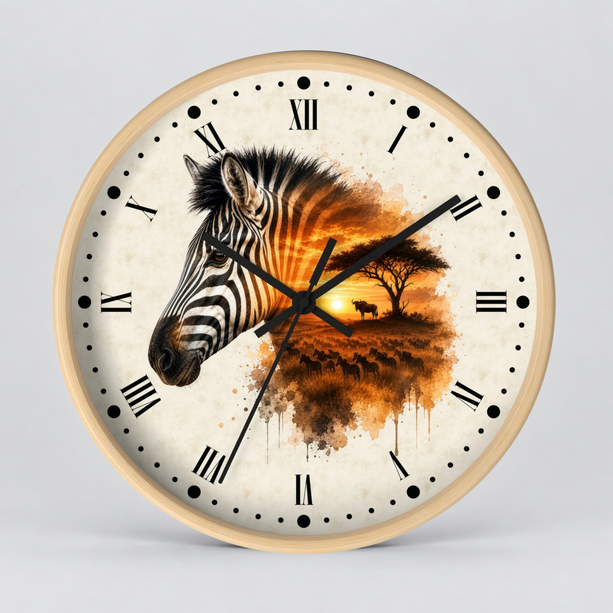 Round wall clock with a light wood frame, black Roman numerals, and a printed design featuring a zebra head over an orange sunset landscape on the clock face, shown against a light gray background.