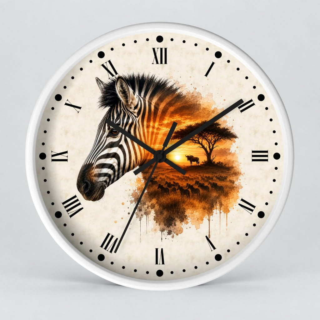 A round wall clock with a white frame and a cream-colored face featuring a zebra head over an orange sunset landscape with a tree silhouette. The clock has black Roman numerals and black hands on a light gray background.