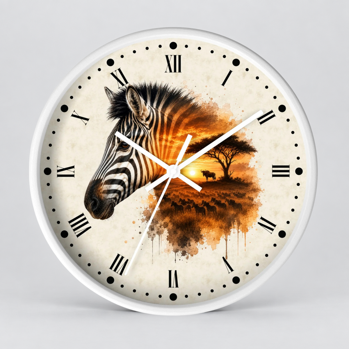 A round wall clock with a white frame and a printed dial featuring a zebra head over an orange sunset landscape with a tree. The clock uses black Roman numerals and black dot hour markers with white hands on a light gray background.