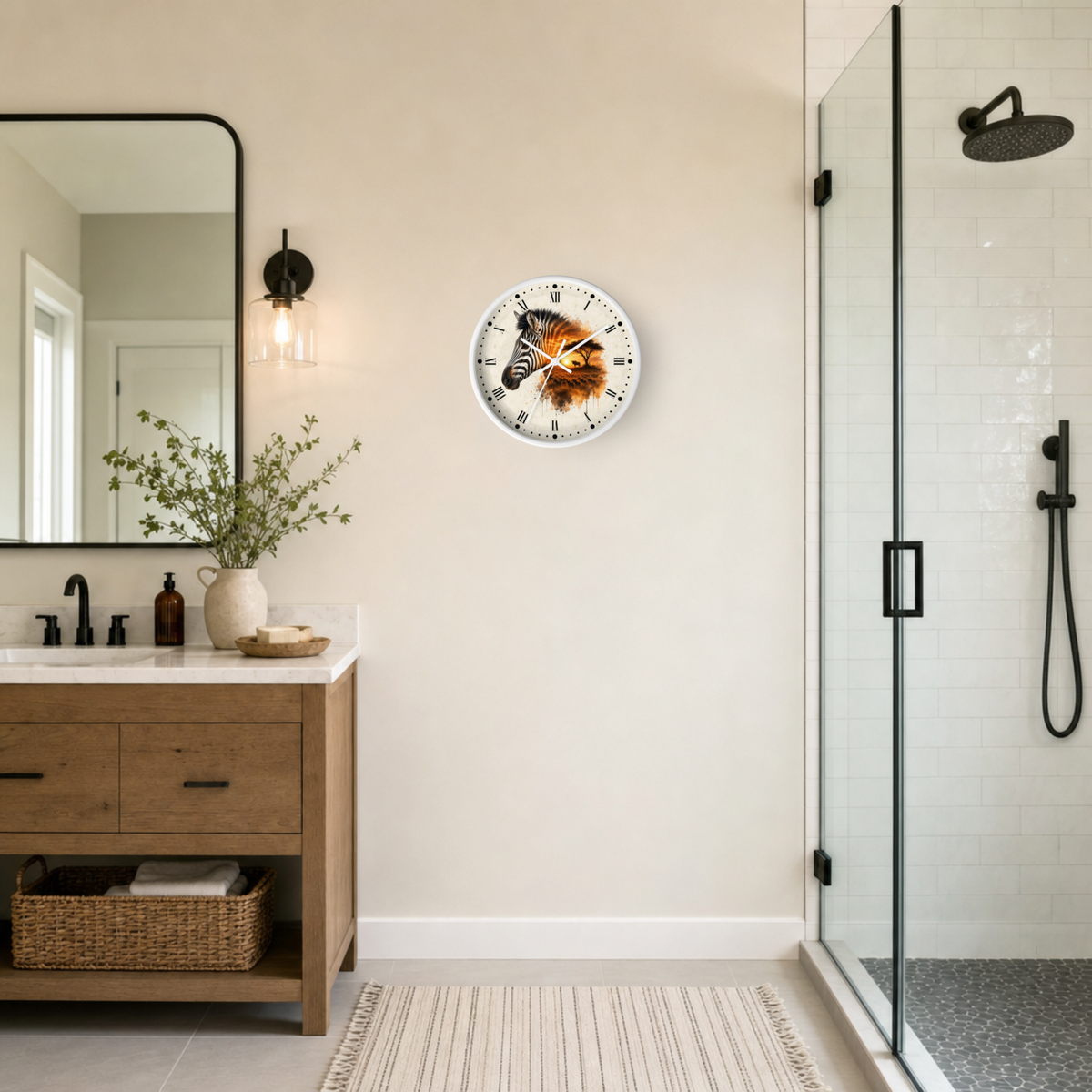 A round wall clock with a colorful zebra illustration hangs on a beige wall in a modern bathroom setting with a wooden vanity, mirror, and glass shower enclosure.