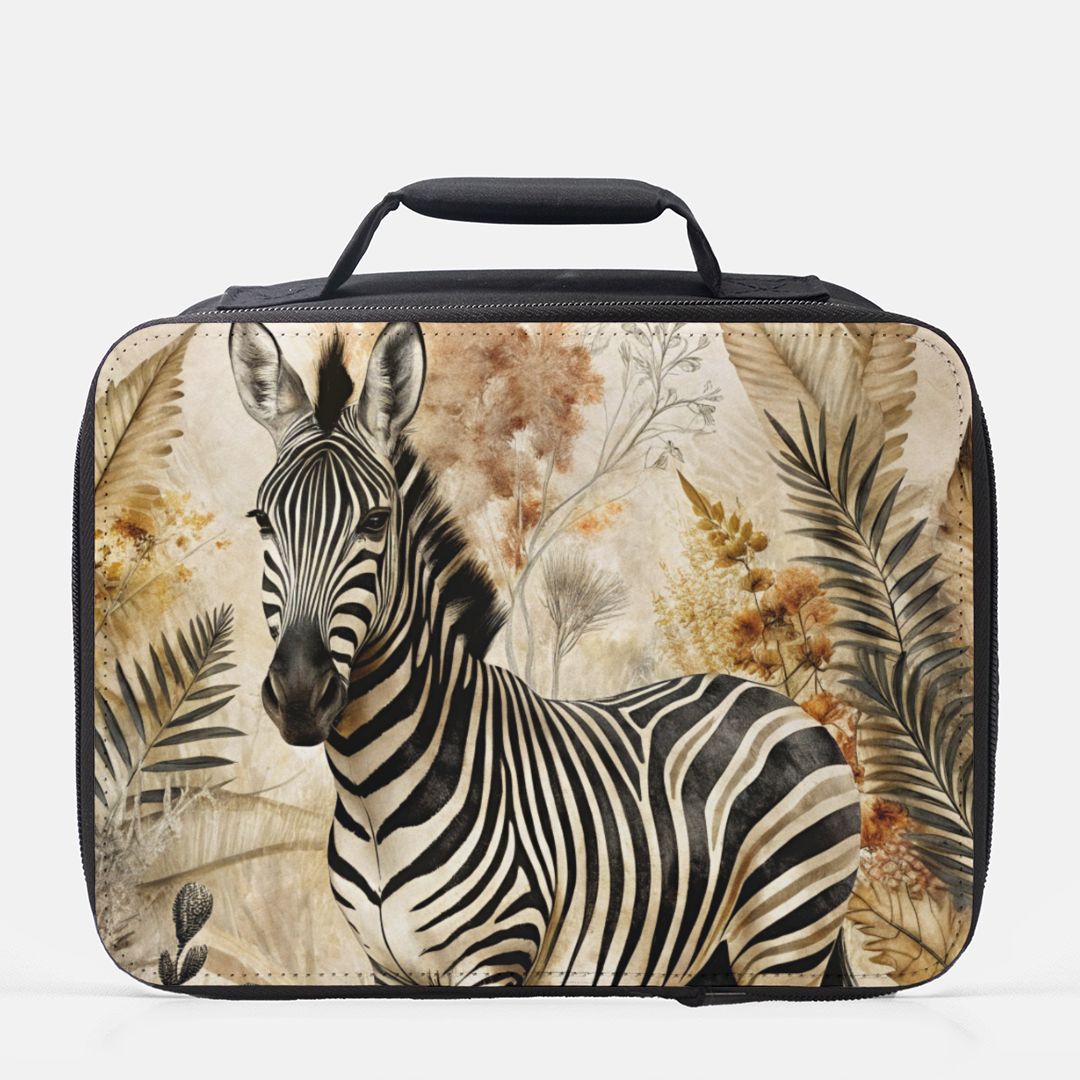 Lunch bag with zebra design on a beige background