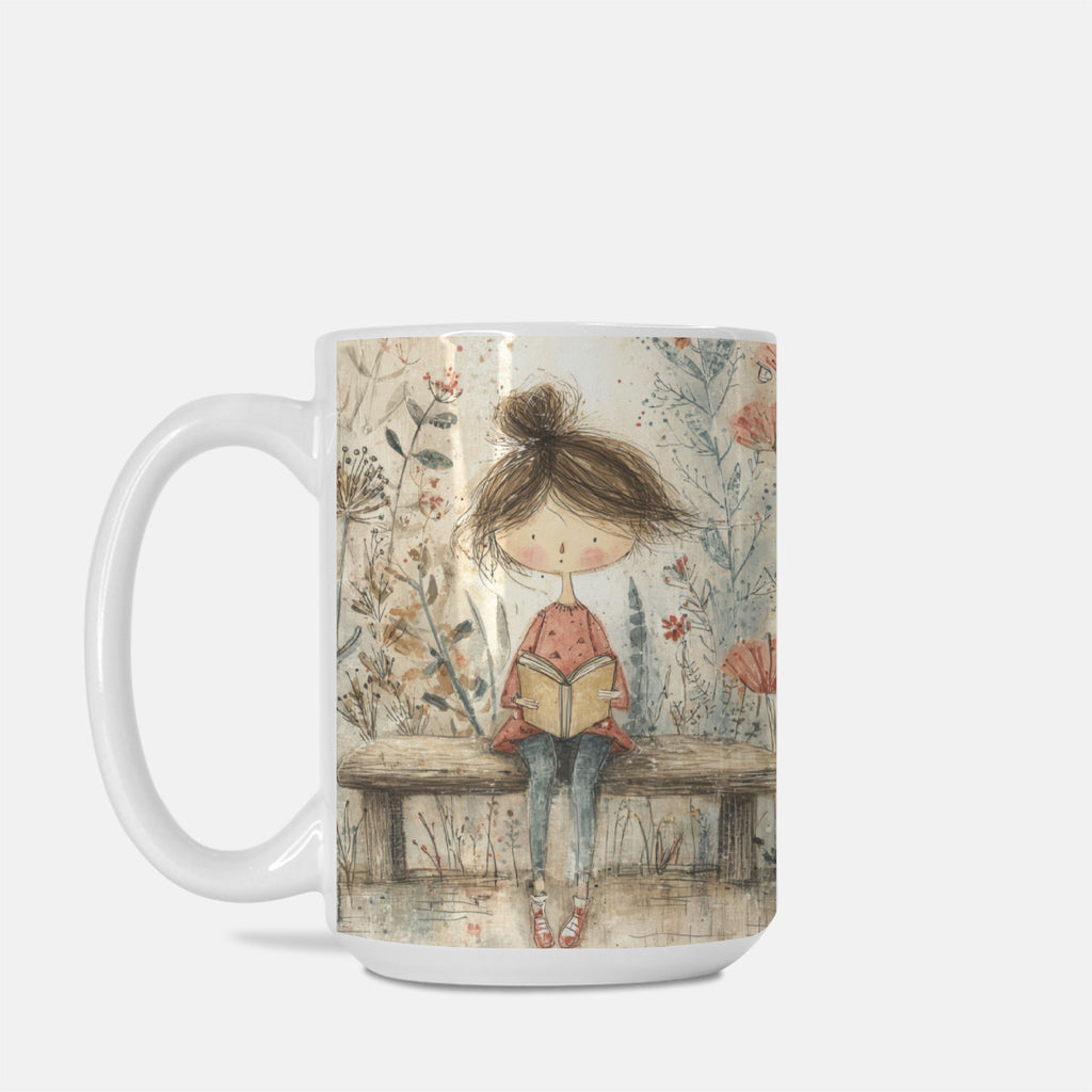 Mug with a design of a girl reading a book on a bench, surrounded by flowers, on a white background.