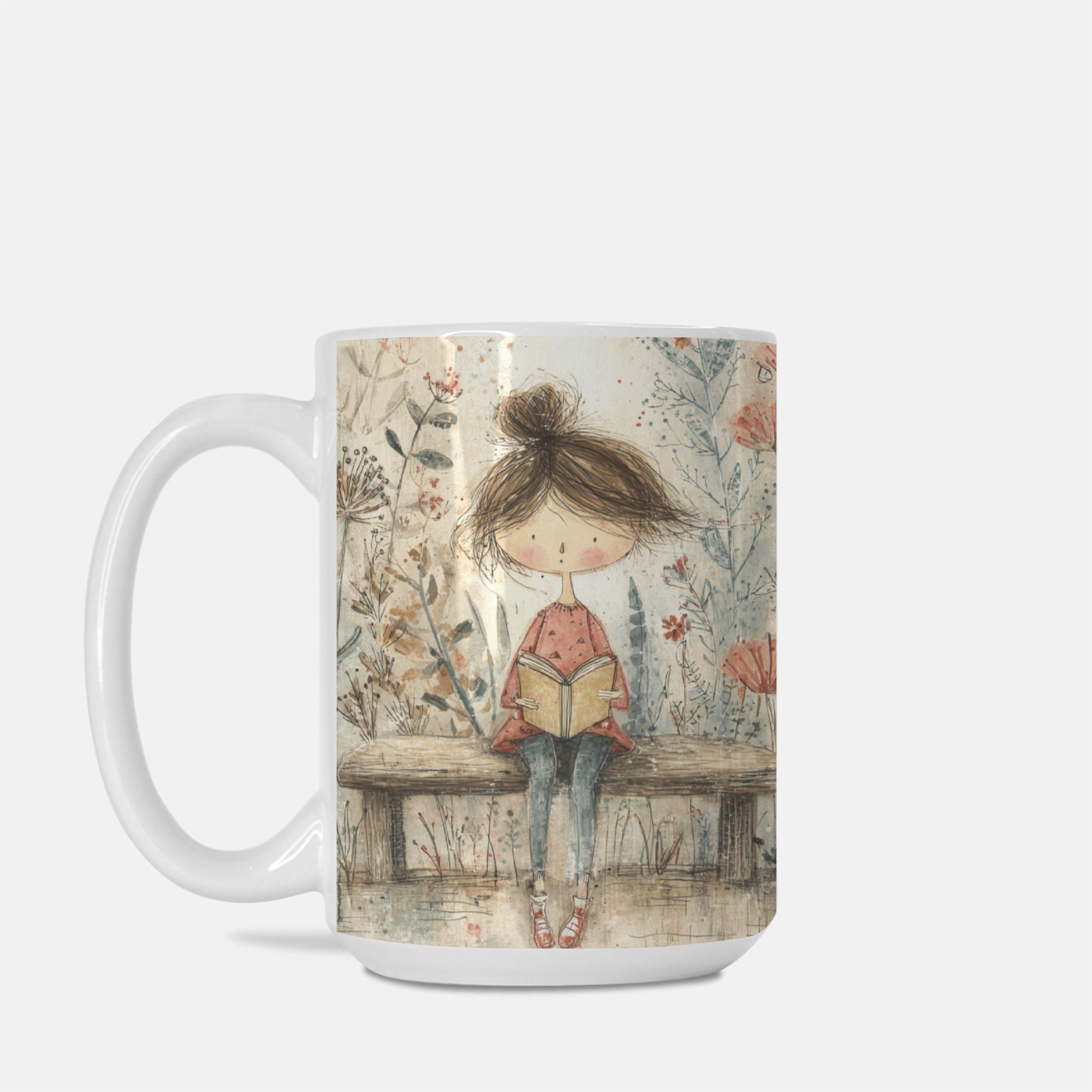 Mug with a design of a girl reading a book on a bench, surrounded by flowers, on a white background.