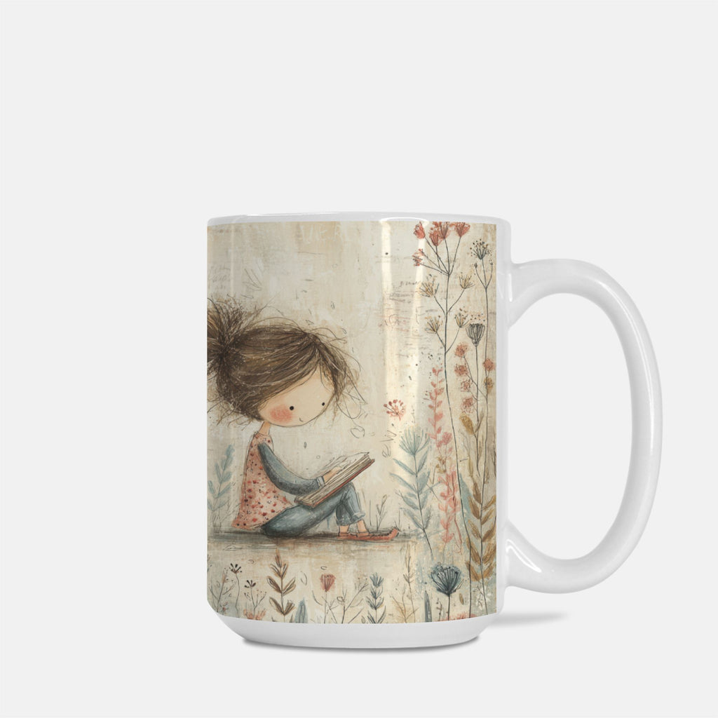 Mug with a design of a girl reading a book surrounded by flowers on a white background