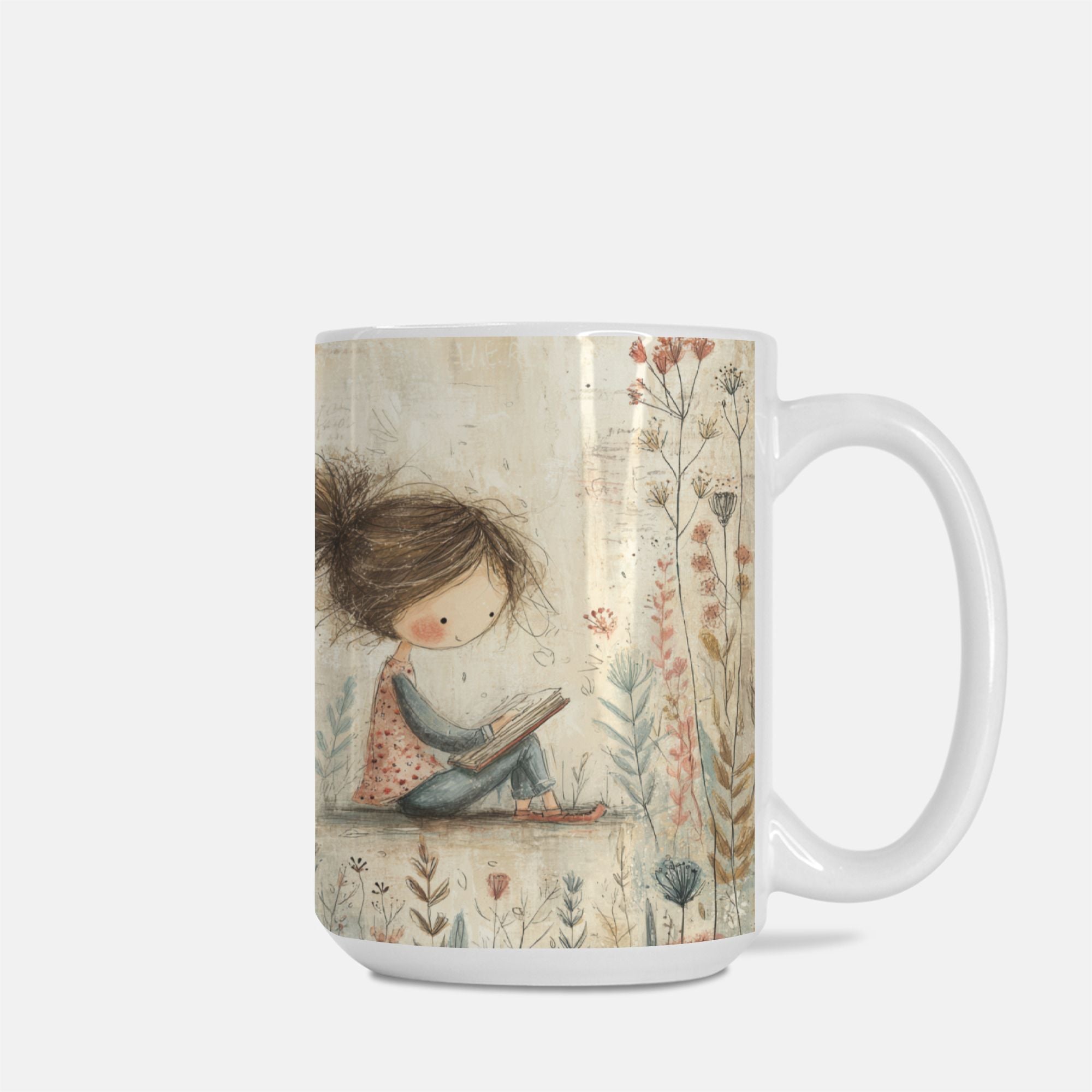 Mug with a design of a girl reading a book surrounded by flowers on a white background
