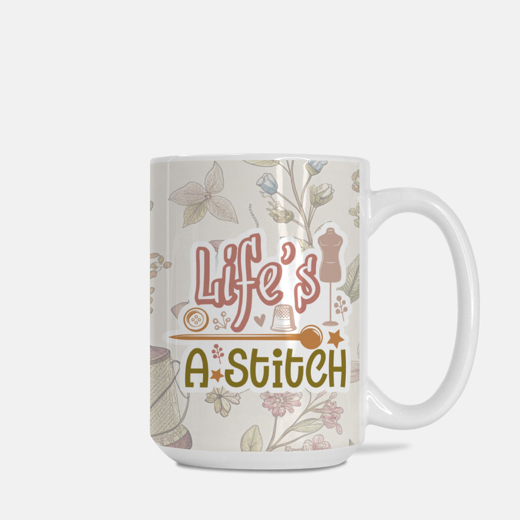 Mug with 'Life's a Stitch' text and floral patterns on a white background
