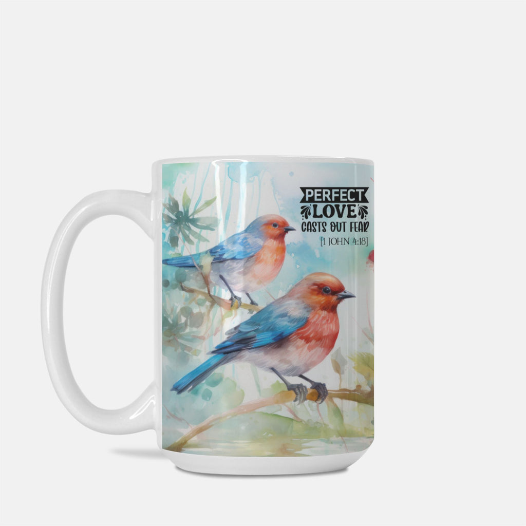 Mug with bird design and 'Perfect Love' quote on a white background