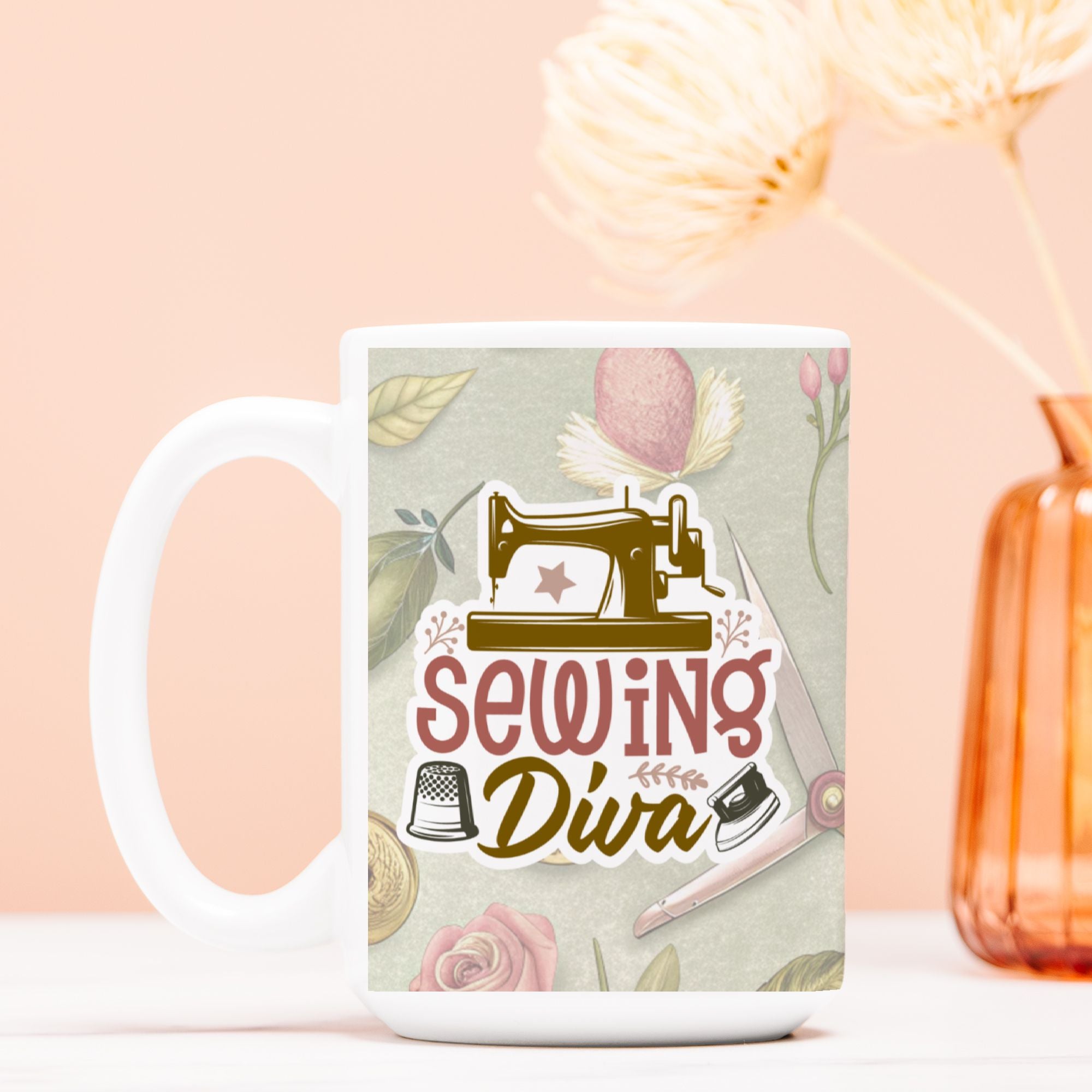 Mug with 'Sewing Diva' design featuring a sewing machine, scissors, and floral elements on a pastel background.