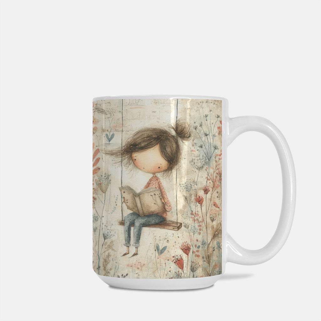 Mug with a design of a girl reading a book in a garden on a white background