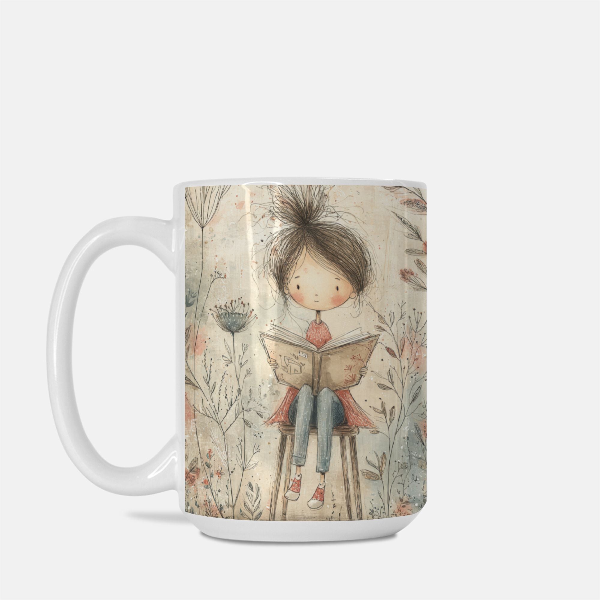 Mug with a design of a girl reading a book in a garden on a white background