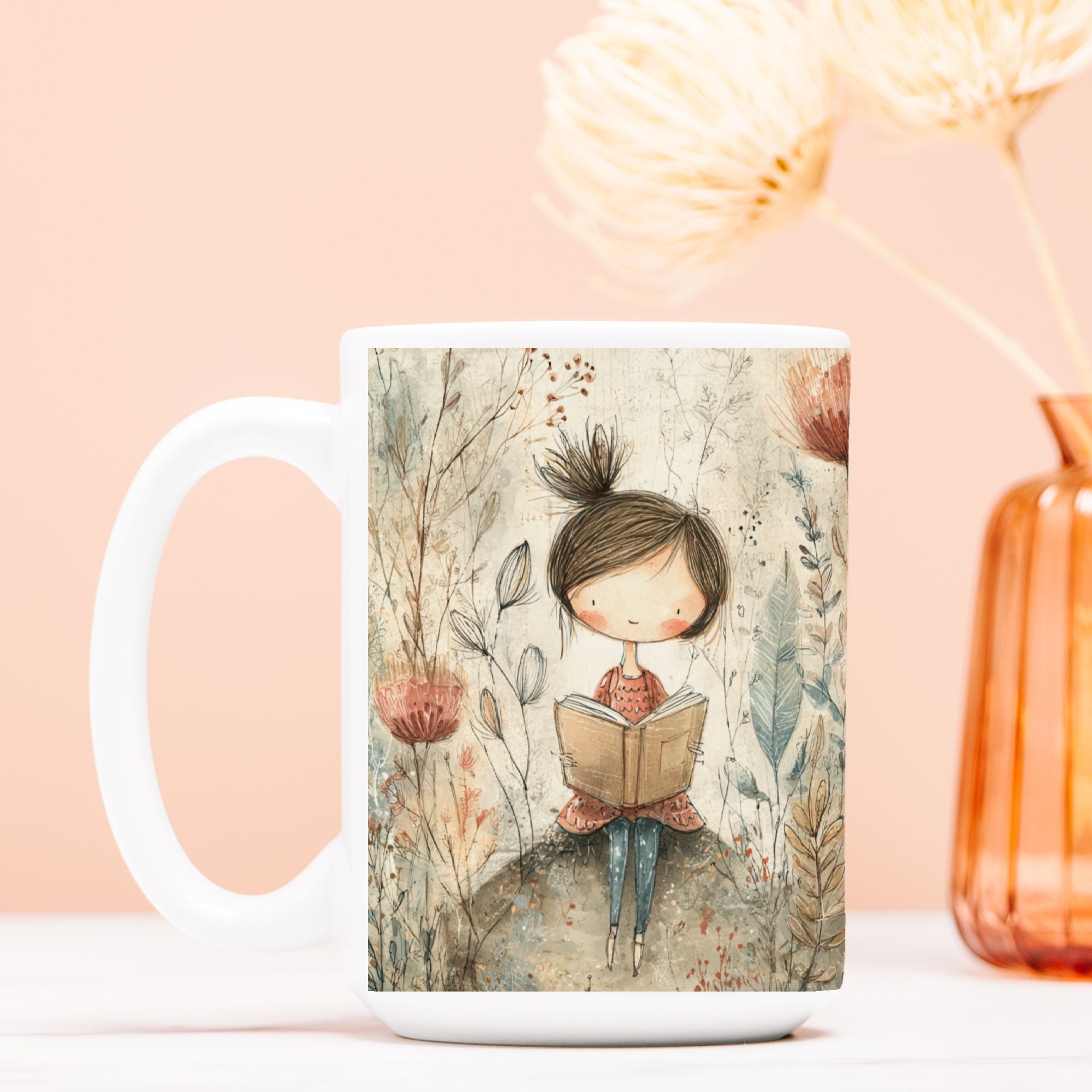 Mug with a design of a girl reading a book surrounded by nature on a peach background.