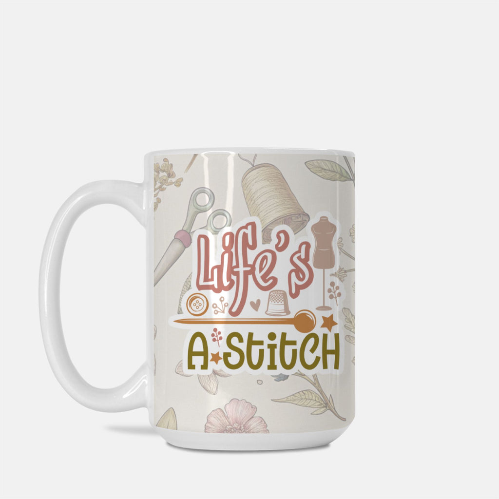 Mug with 'Life's a Stitch' text and sewing-themed illustrations on a light background