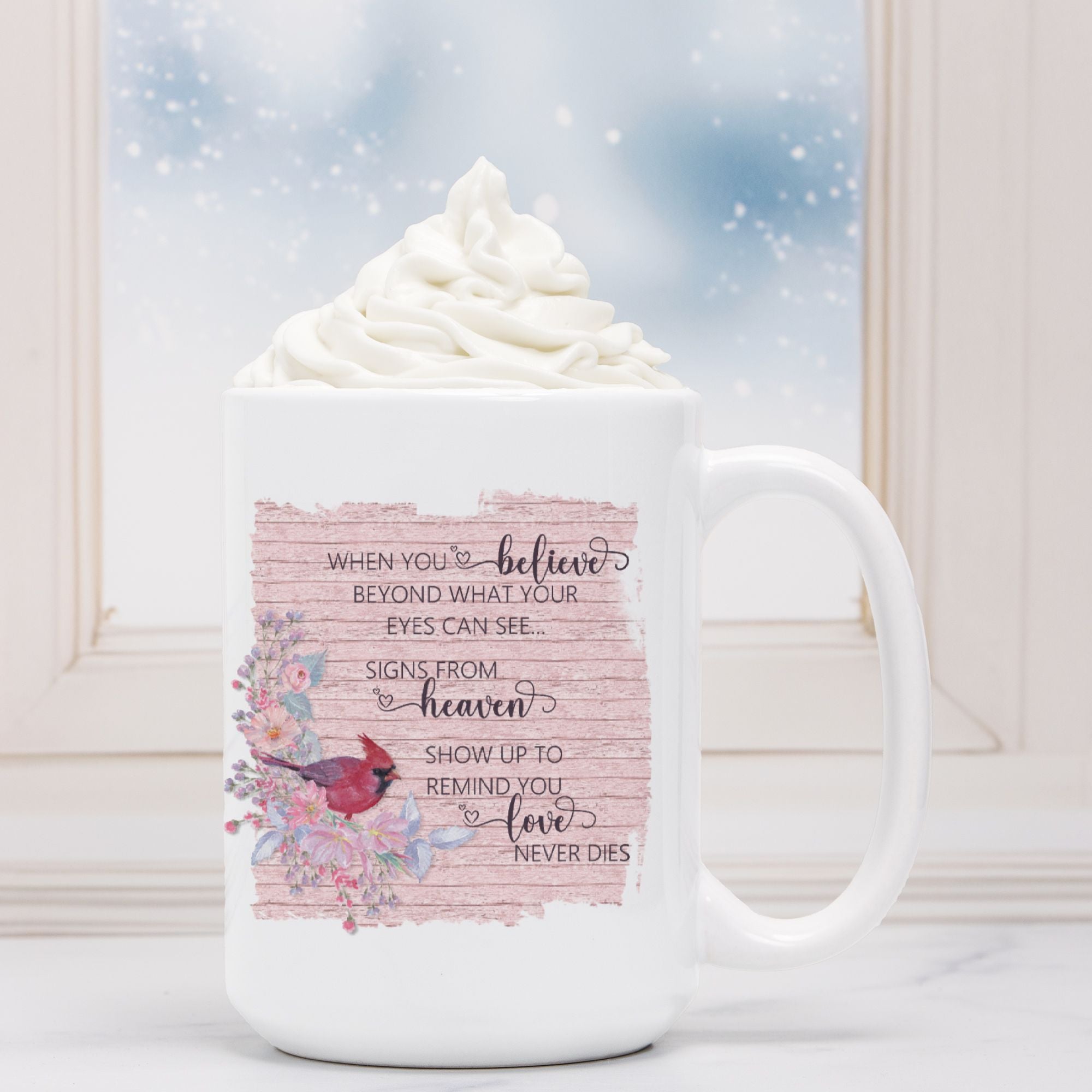Cardinal Love Never Dies Mug Deluxe 15oz.