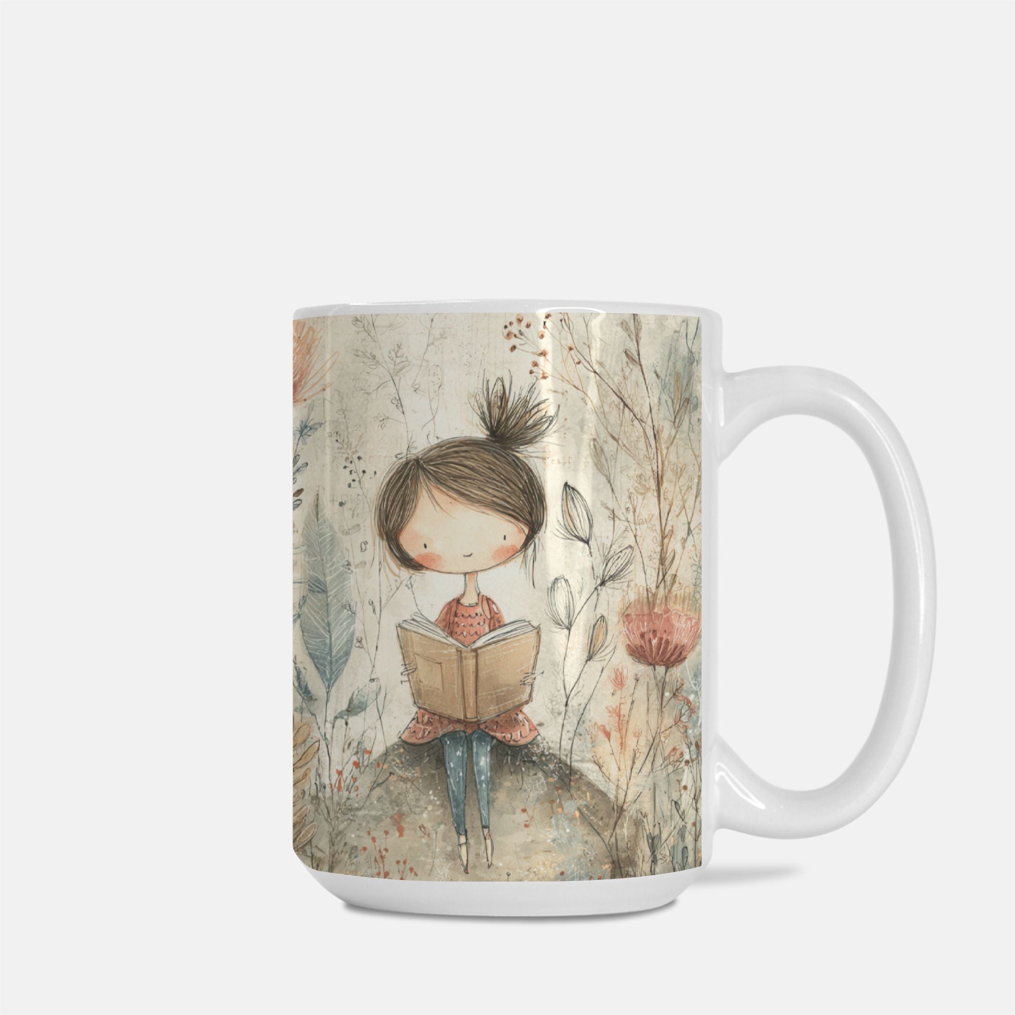 Mug with a design of a girl reading a book in a forest on a white background