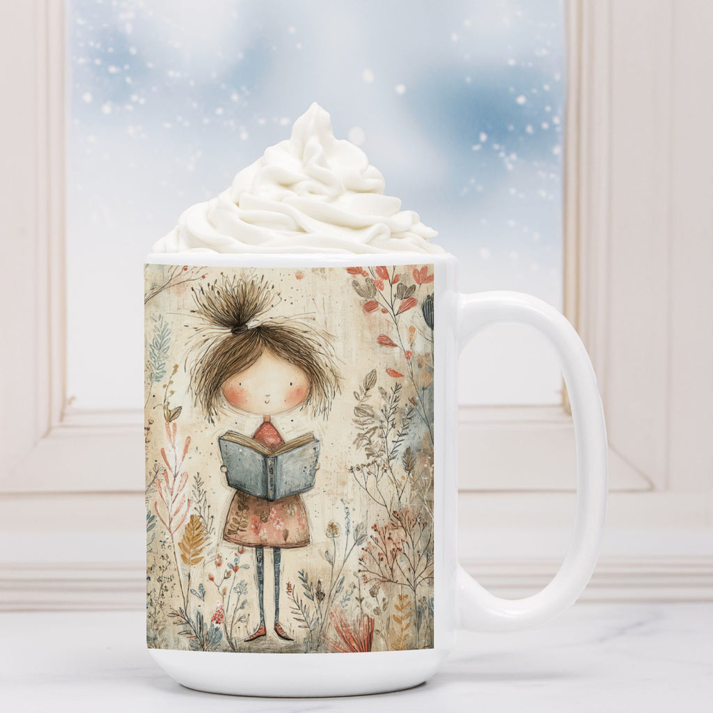 Mug with a decorative design of a girl reading a book, topped with whipped cream.