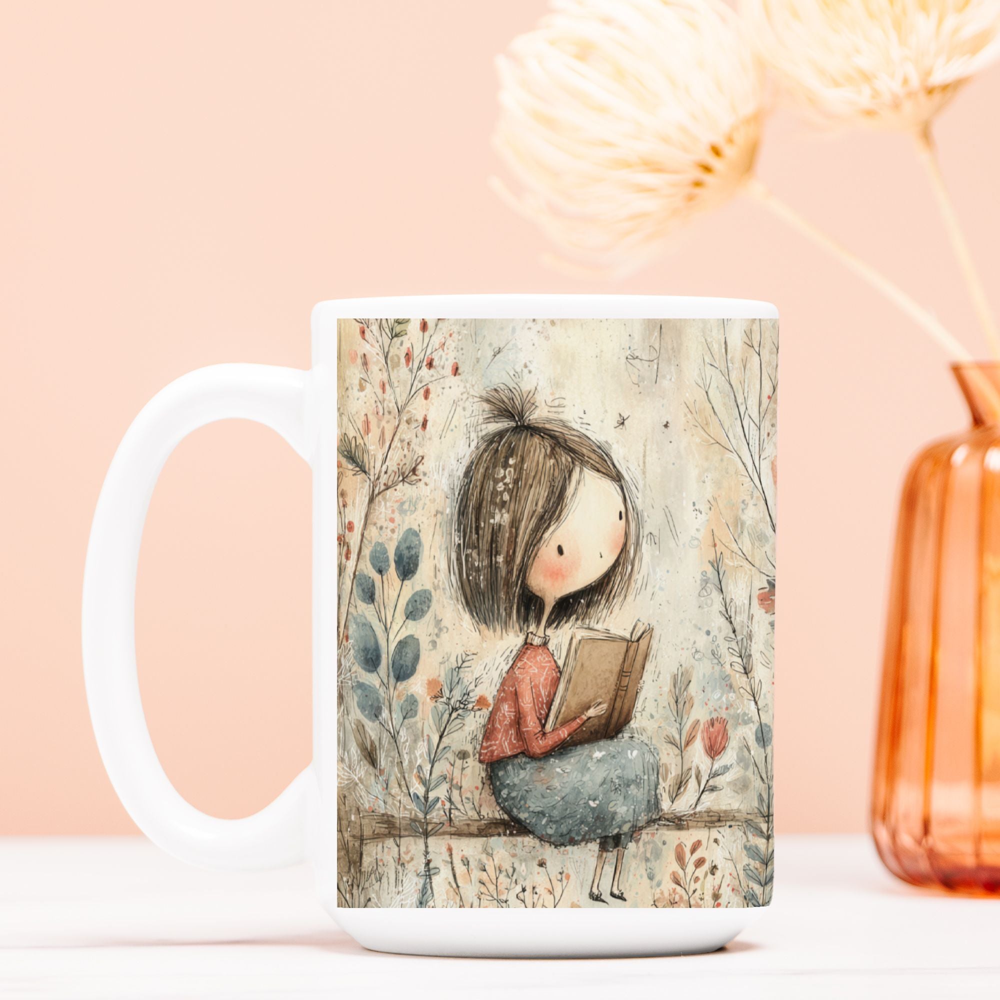 Mug with a design of a girl holding a book against a floral background, placed on a light surface with a soft pink background.