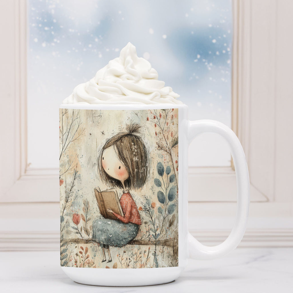 White mug with a design of a girl holding a book, topped with whipped cream against a snowy window background.