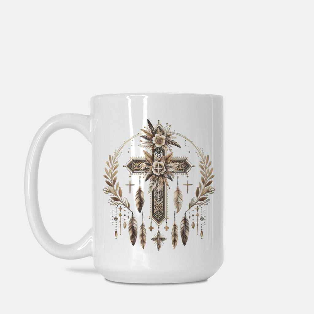 White mug with a decorative cross and feather design on a white background
