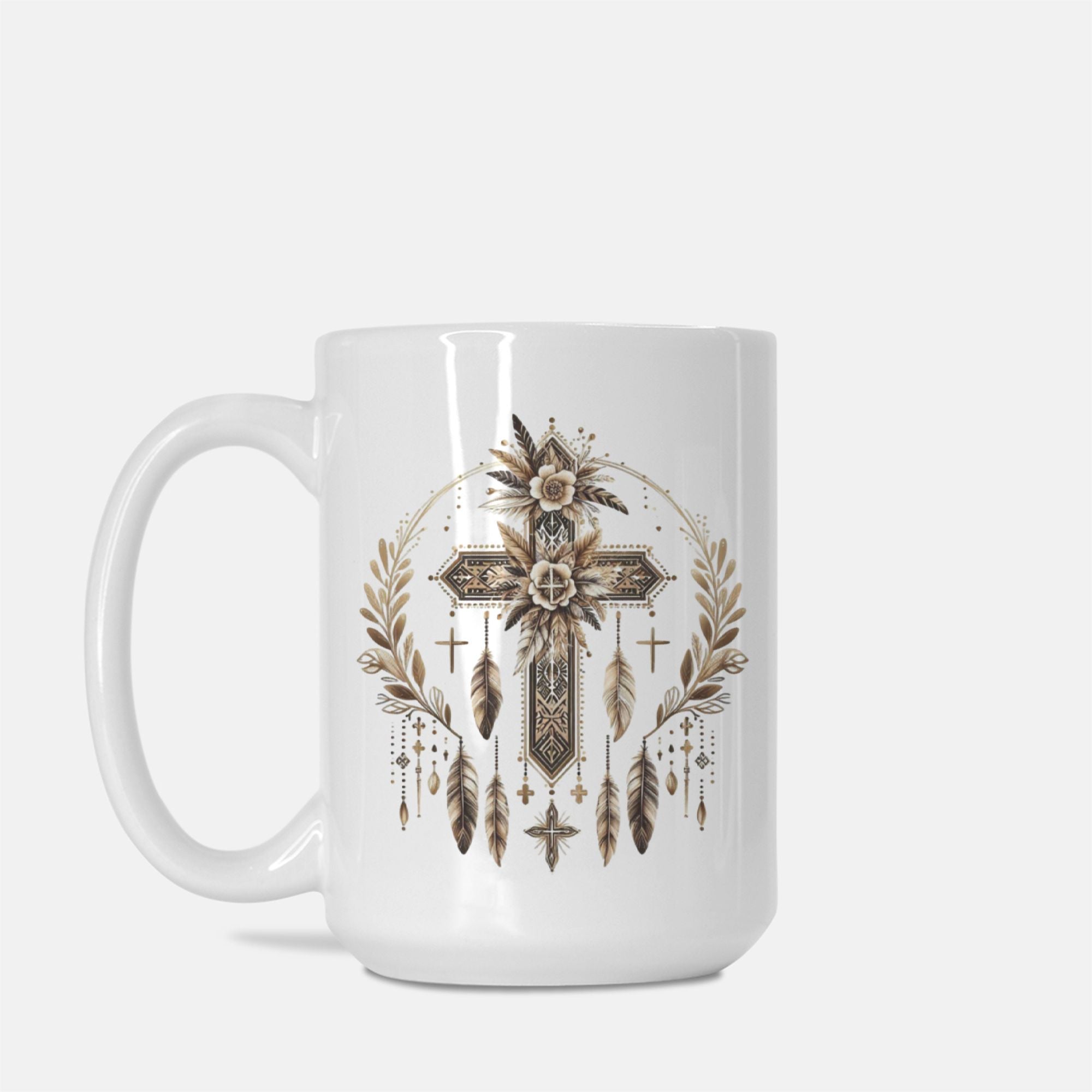 White mug with a decorative cross and feather design on a white background
