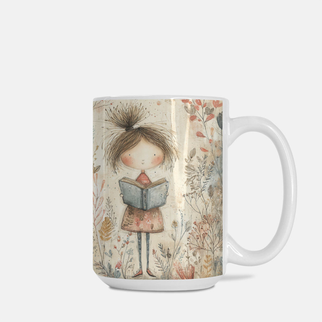 Mug with a design of a girl holding a book and surrounded by flowers on a white background