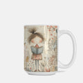Mug with a design of a girl holding a book and surrounded by flowers on a white background
