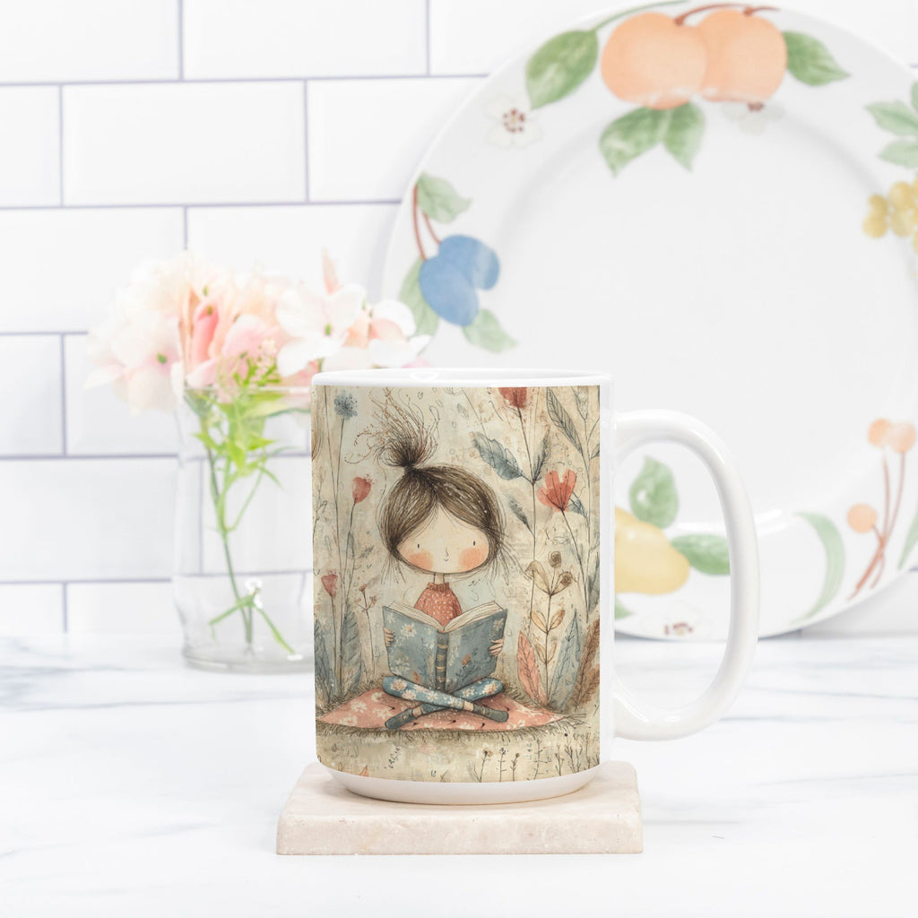 Mug with a design of a girl reading a book, placed on a marble coaster with a white tiled wall and flowers in the background.