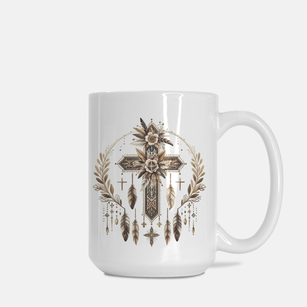 White mug with a decorative cross and feather design on a white background