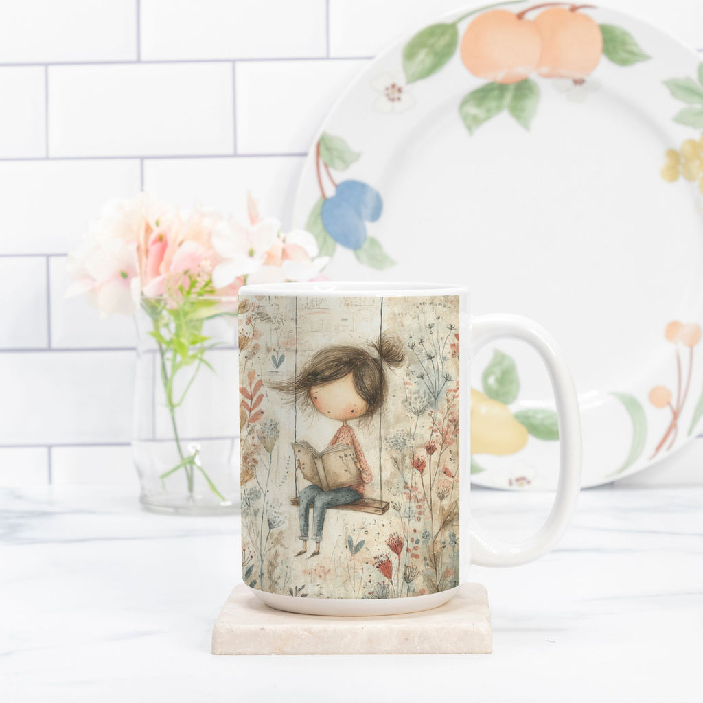 Mug with a design of a girl reading a book, placed on a marble coaster with a white tiled wall and flowers in the background.
