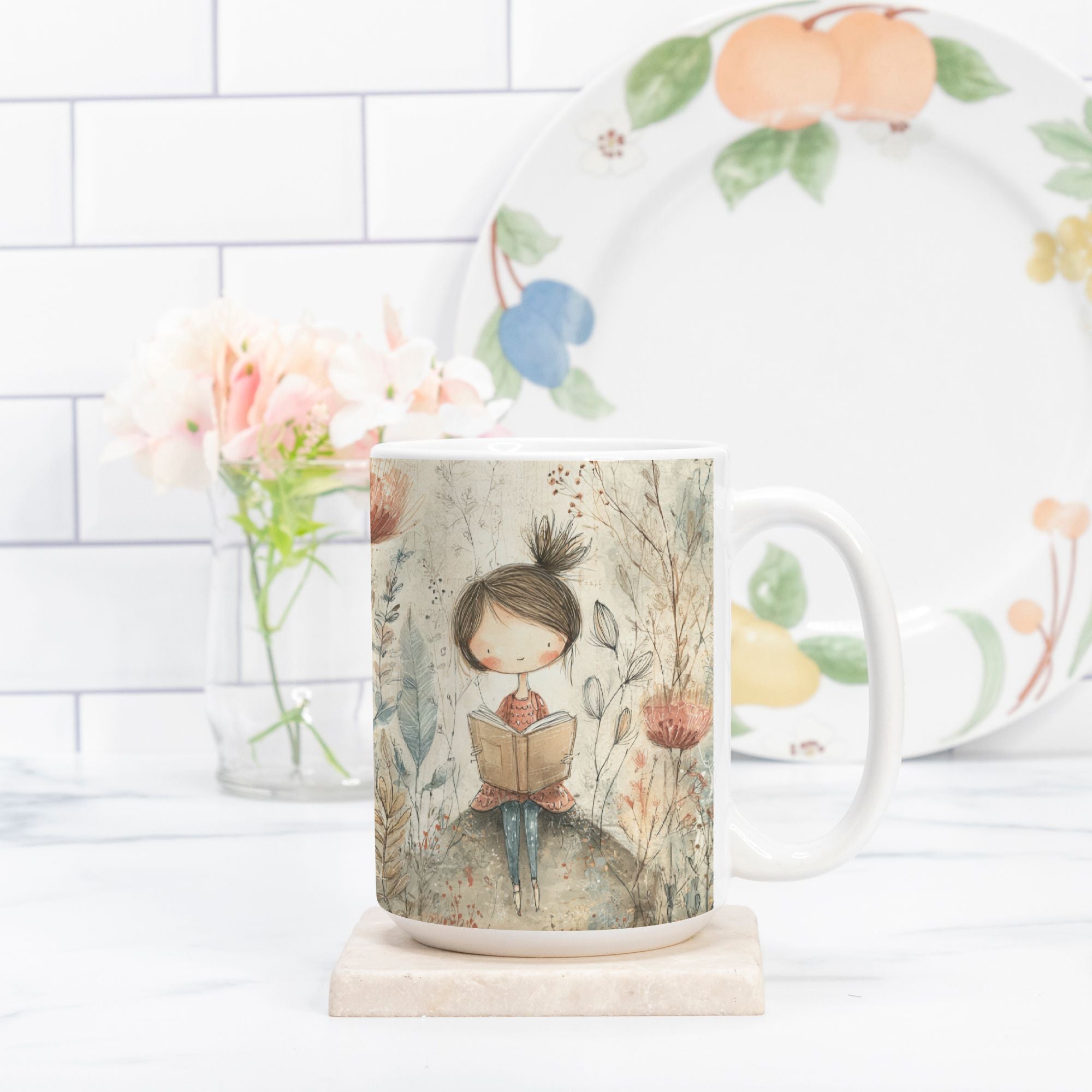 Mug with a design of a girl reading a book in a garden, placed on a marble coaster with a white tile background.