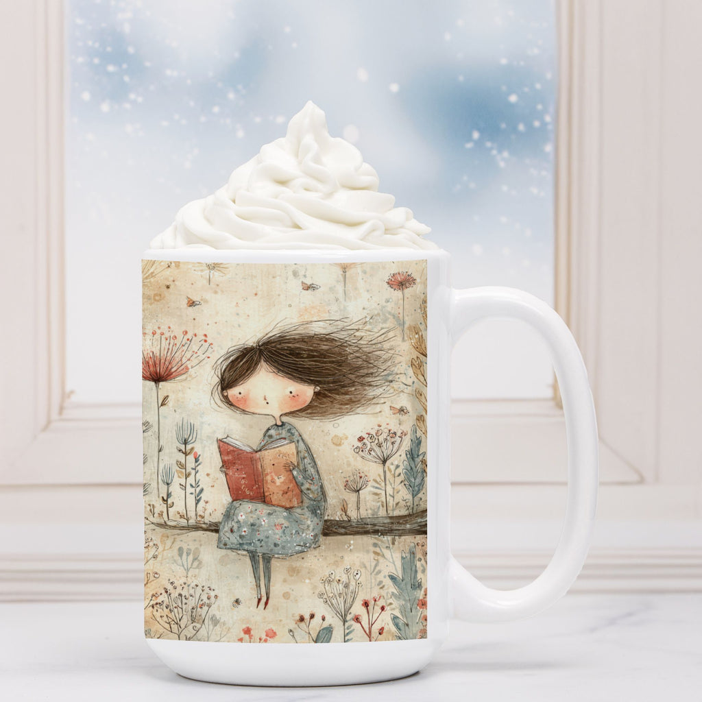 Mug with a design of a girl reading a book, filled with hot chocolate and whipped cream.