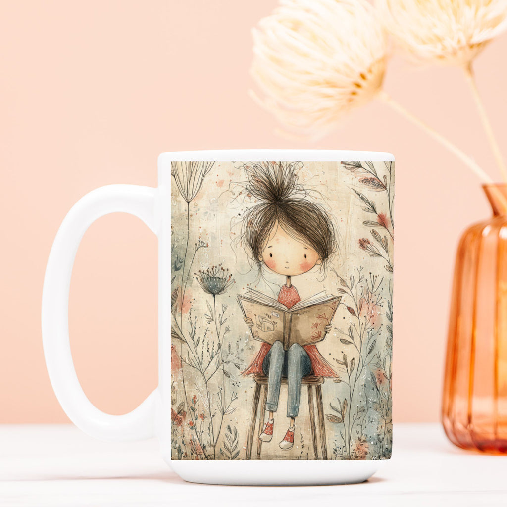 Mug with a design of a girl reading a book in a floral setting on a peach background.