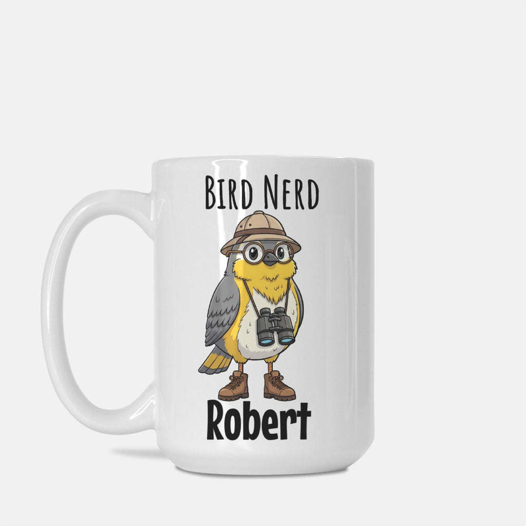 Mug with a cartoon bird wearing a hat and binoculars, labeled 'Bird Nerd Robert' on a white background.