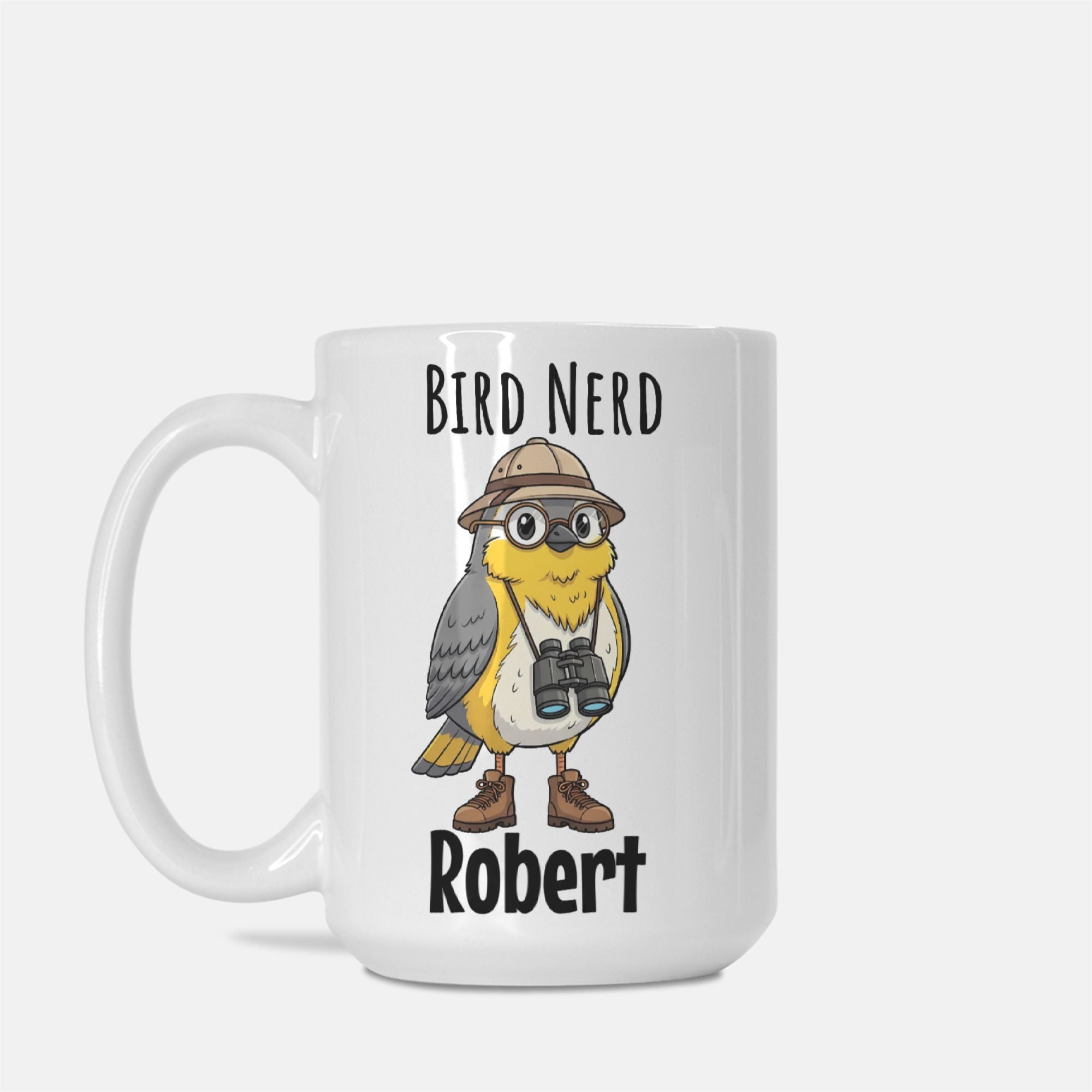 Mug with a cartoon bird wearing a hat and binoculars, labeled 'Bird Nerd Robert' on a white background.