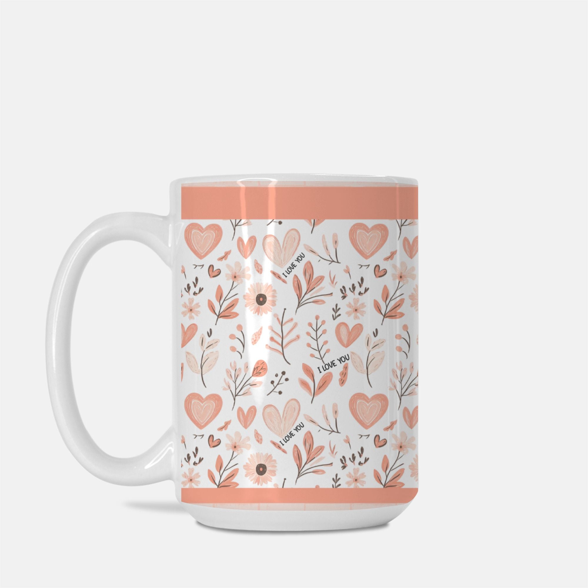 Mug with floral and heart pattern on a white background