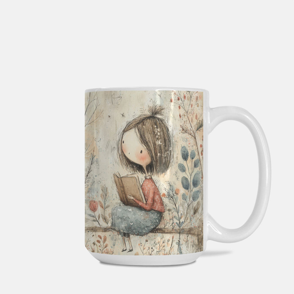 Mug with a design of a girl reading a book in a forest on a white background