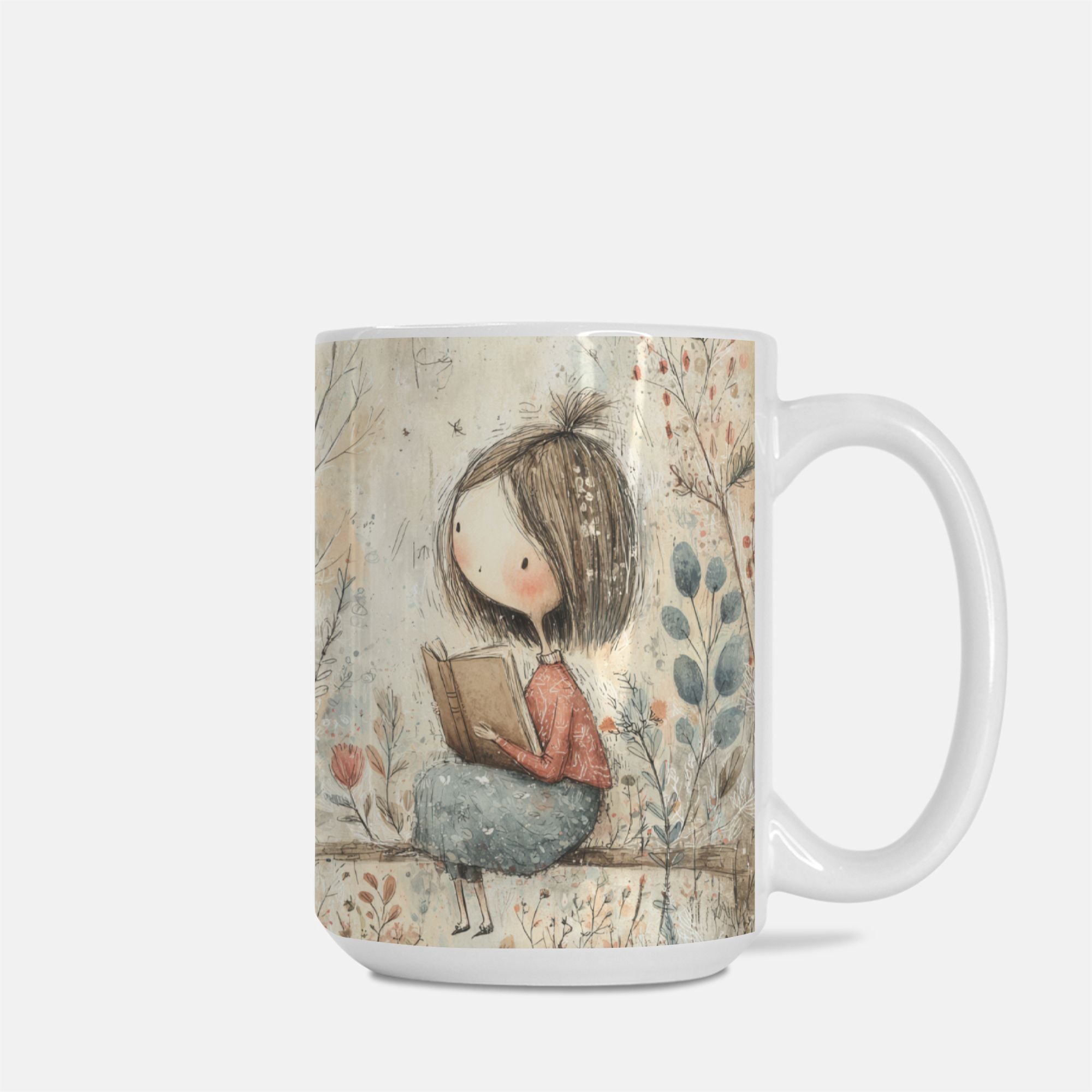 Mug with a design of a girl reading a book in a forest on a white background