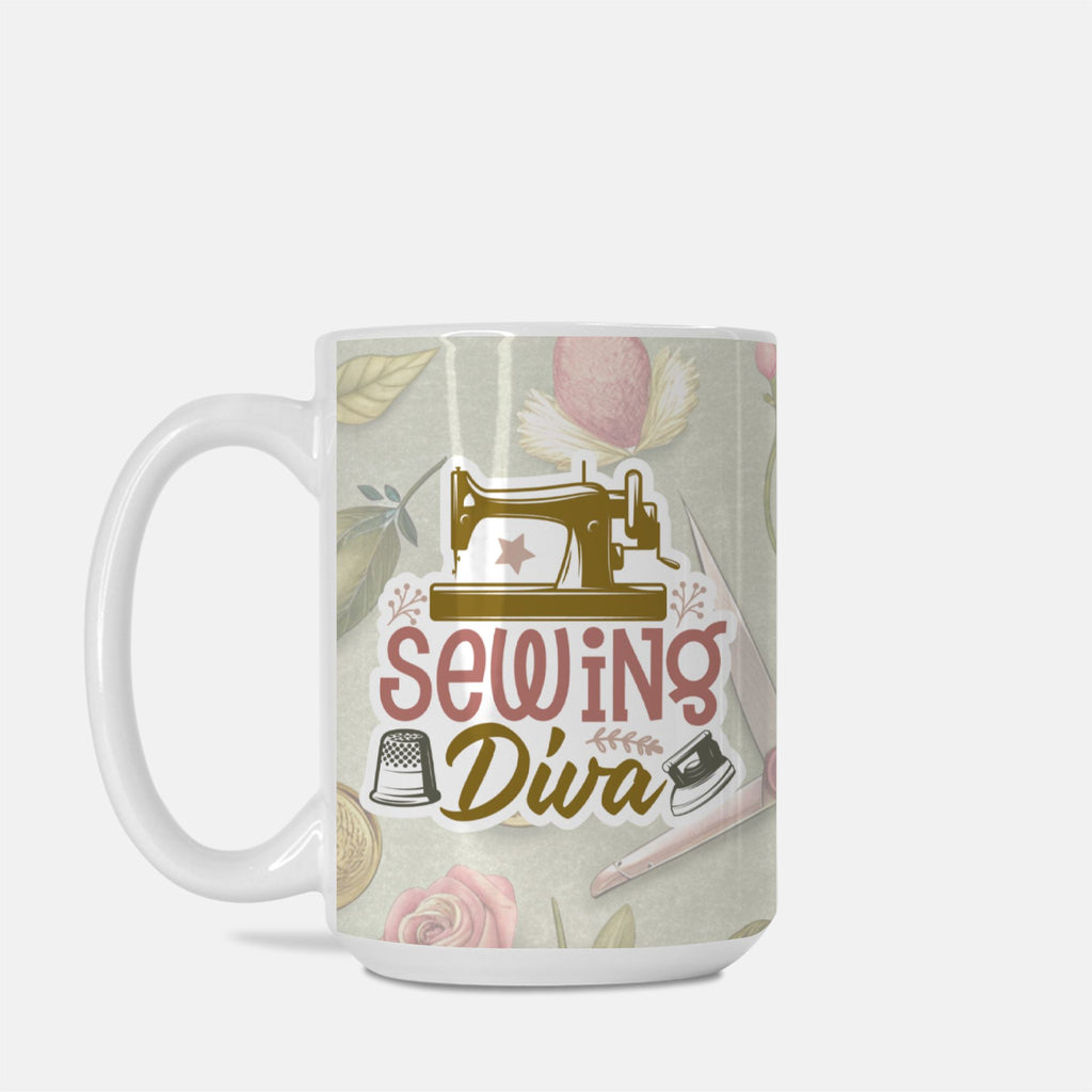 Mug with 'Sewing Diva' design featuring a sewing machine and thimble on a patterned background.