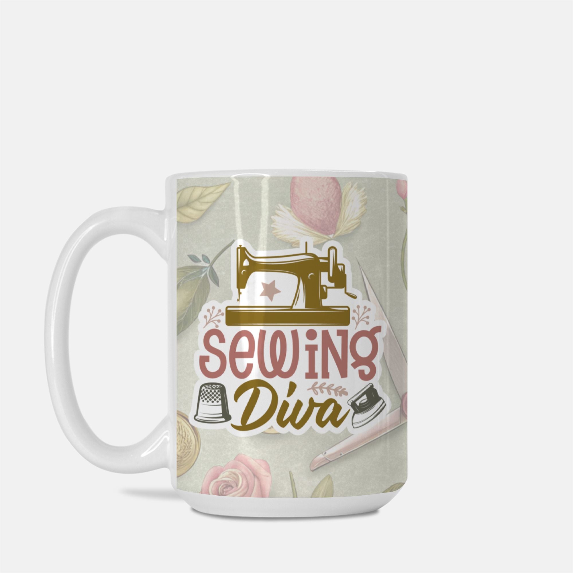 Mug with 'Sewing Diva' design featuring a sewing machine and thimble on a patterned background.