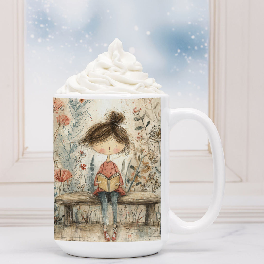 White mug with a design of a girl reading a book, filled with hot chocolate and whipped cream.