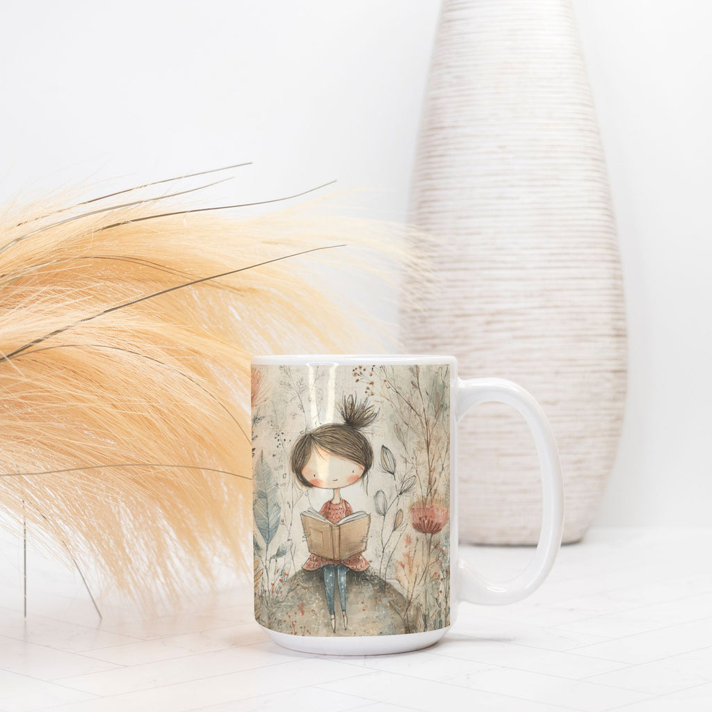 Mug with a design of a girl reading a book, placed on a light surface with decorative elements.